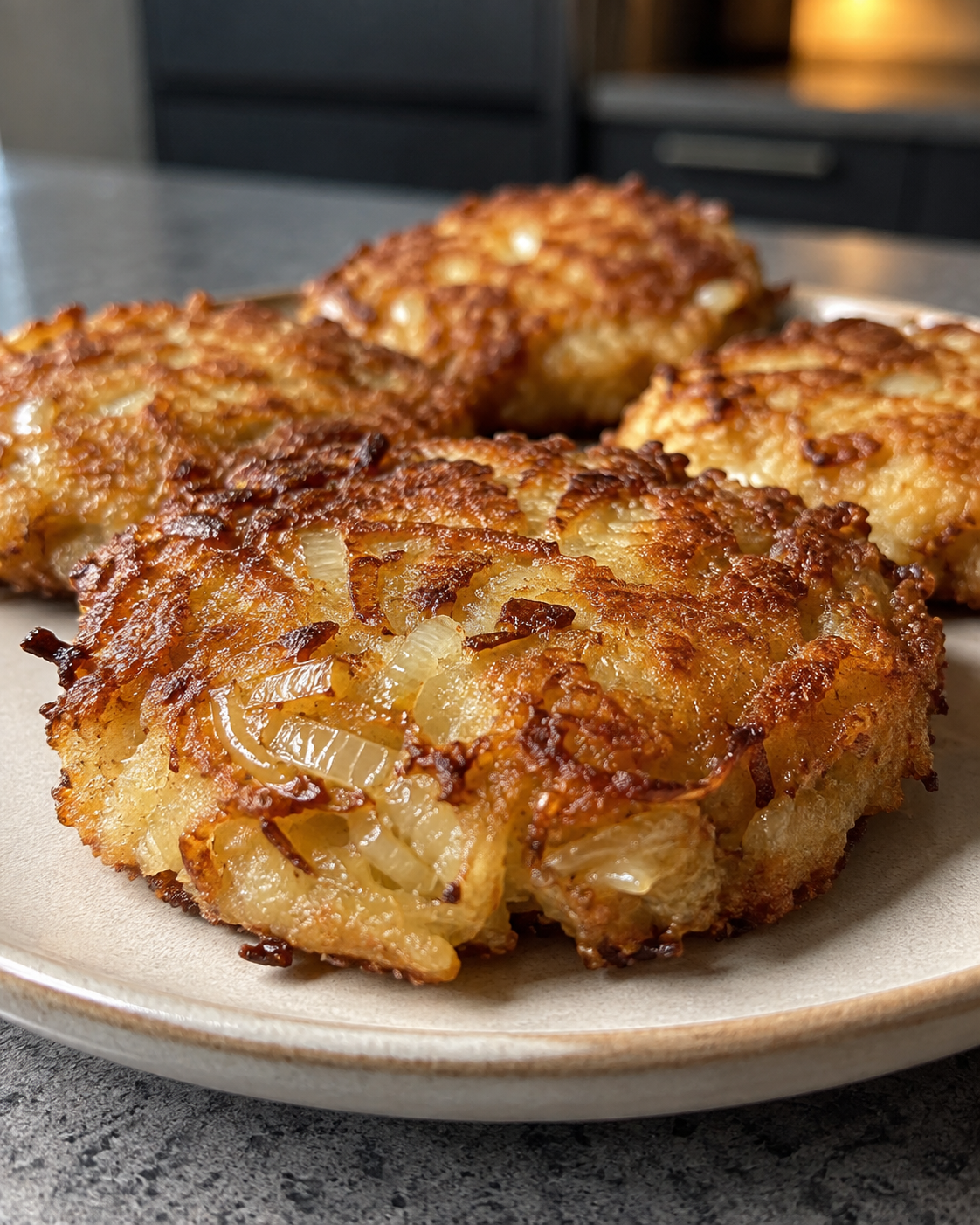 Golden no-added-sugar Amish onion fritters with crisp edges on a ceramic plate