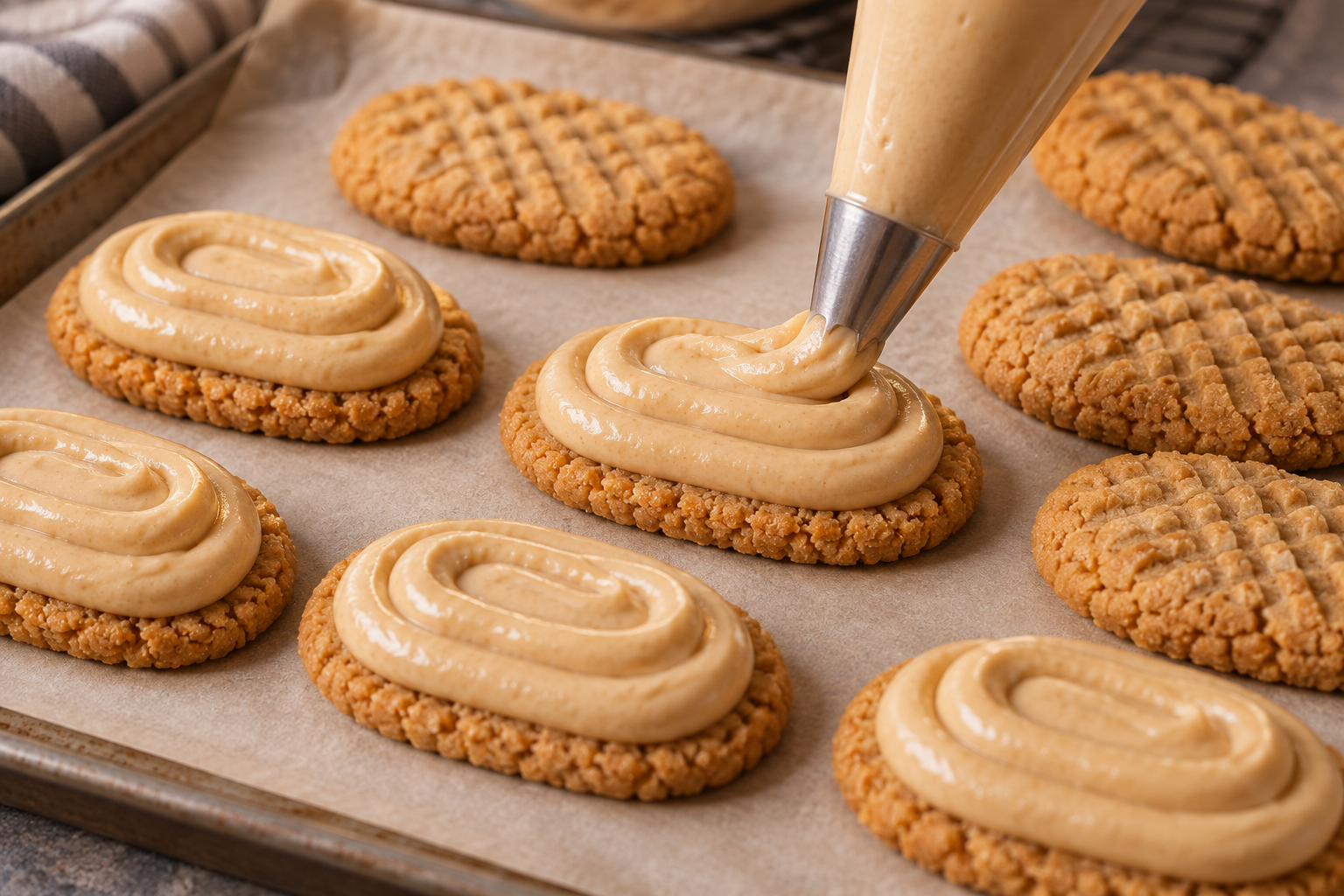 Creamy peanut butter filling being piped onto cooled oval peanut butter cookies