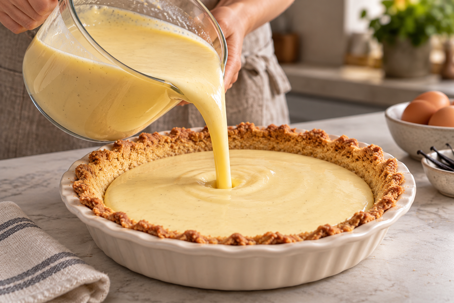 Pouring vanilla custard into a thin almond pie crust