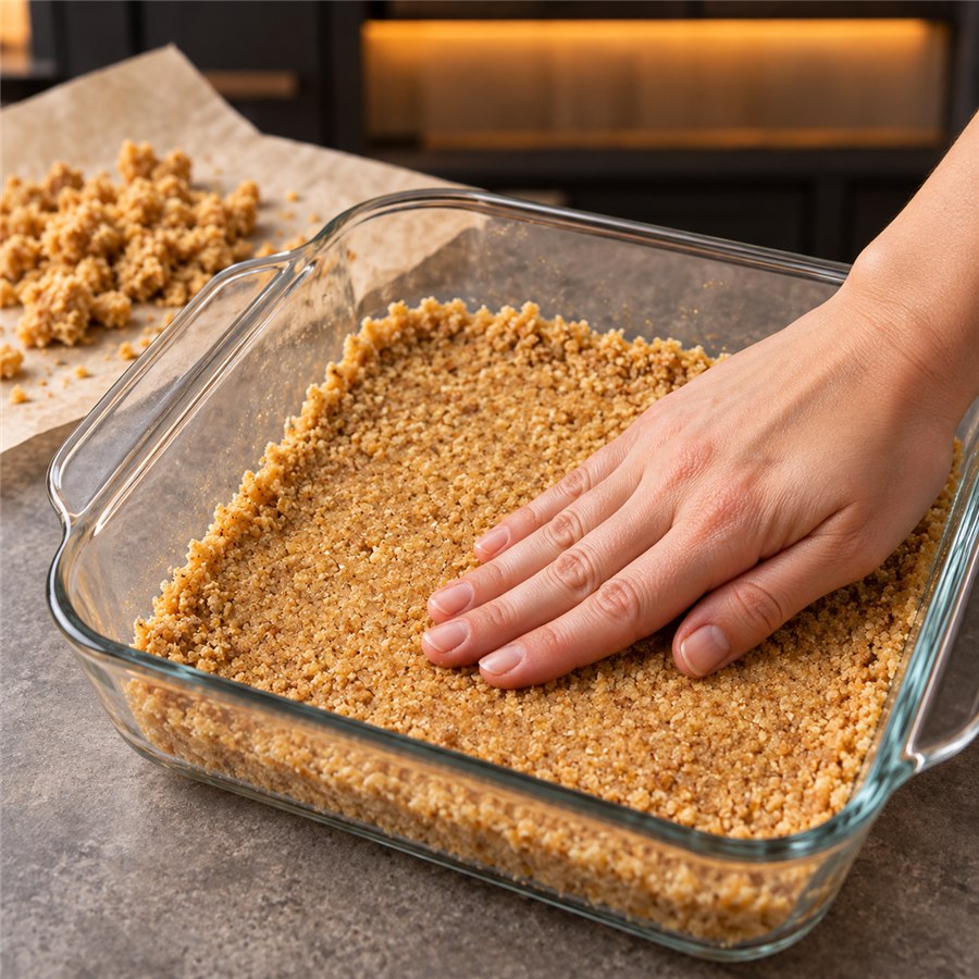 Thin almond crumb base being pressed into an 8-inch glass baking dish