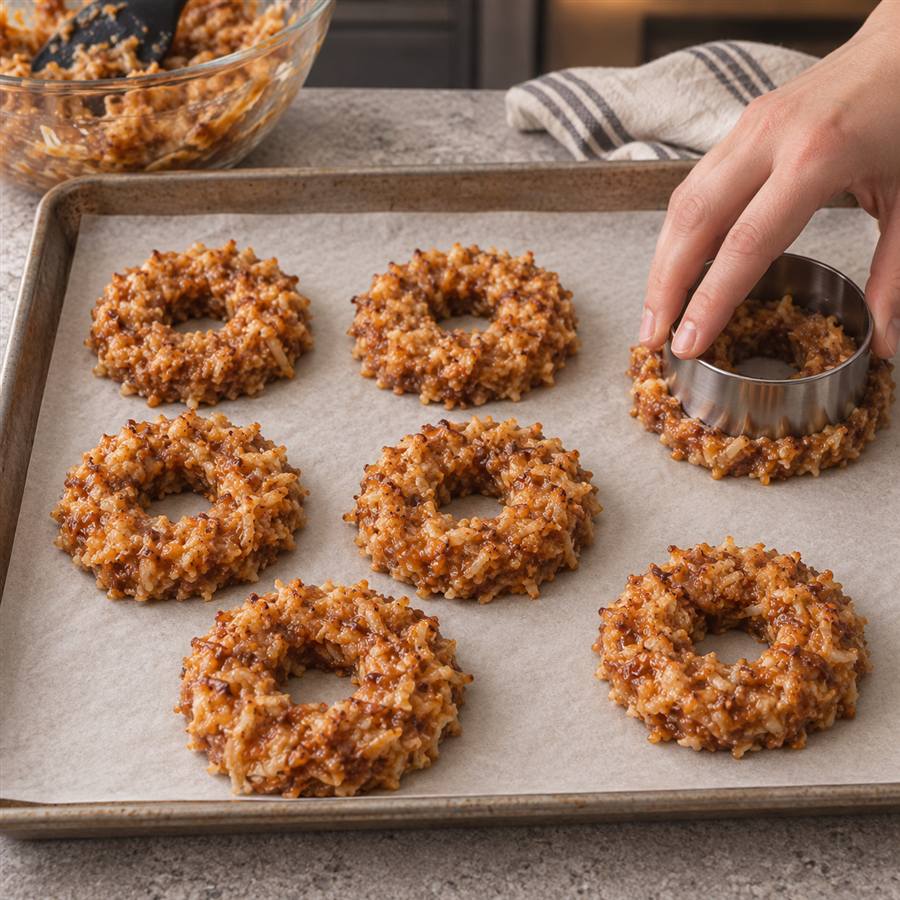 Warm coconut caramel mixture being pressed into eight rings on a parchment-lined baking sheet