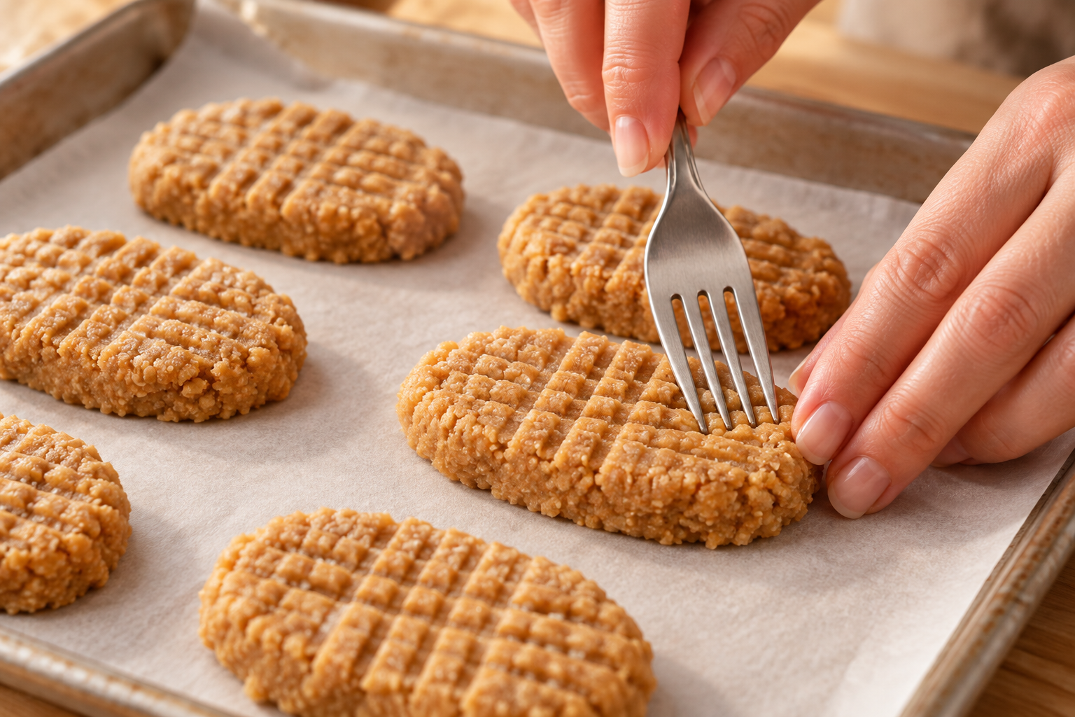 Oval peanut butter cookie dough being marked with a fork on a parchment-lined baking sheet