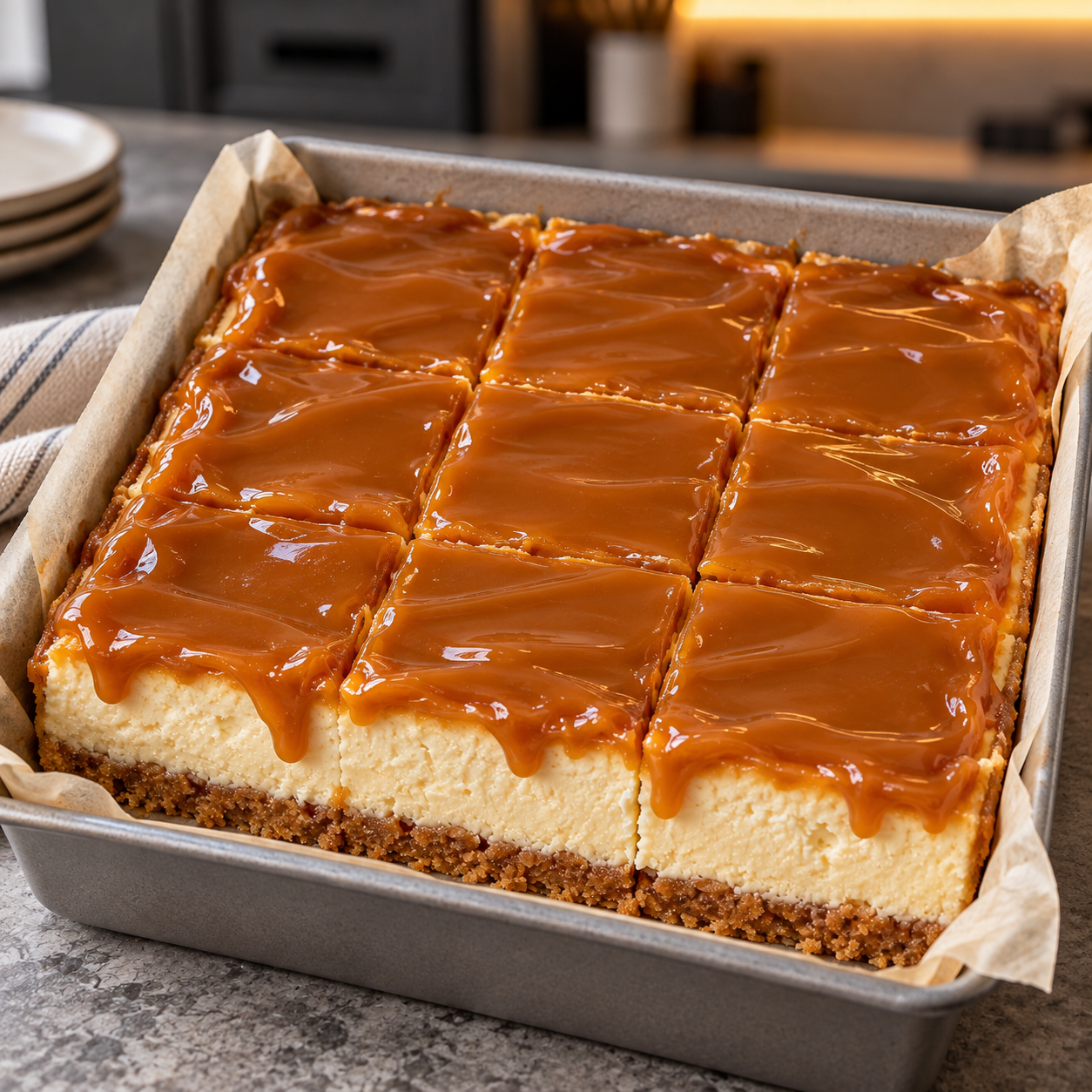 Sugar-free frozen caramel cheesecake bars with a soft caramel topping, cut into nine squares