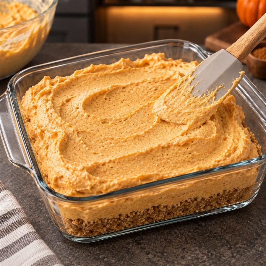 Creamy pumpkin fluff being spread over a thin crumb crust in a glass baking dish