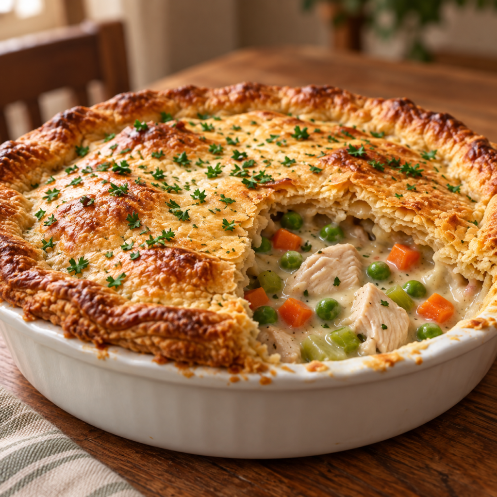Golden sugar-free chicken pot pie with creamy chicken and vegetable filling