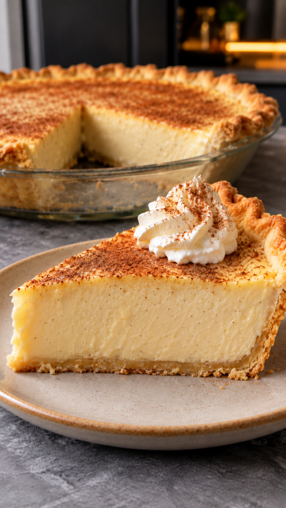 Sugar-free cinnamon vanilla custard pie slice with a thin almond crust, cinnamon dusting, and a yogurt cream rosette