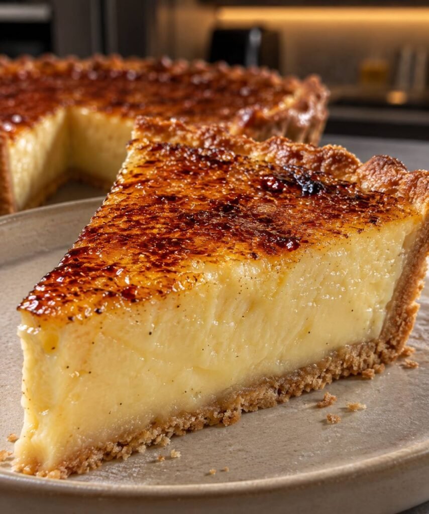 Slice of sugar-free crème brûlée custard pie with a caramelized top and almond crust