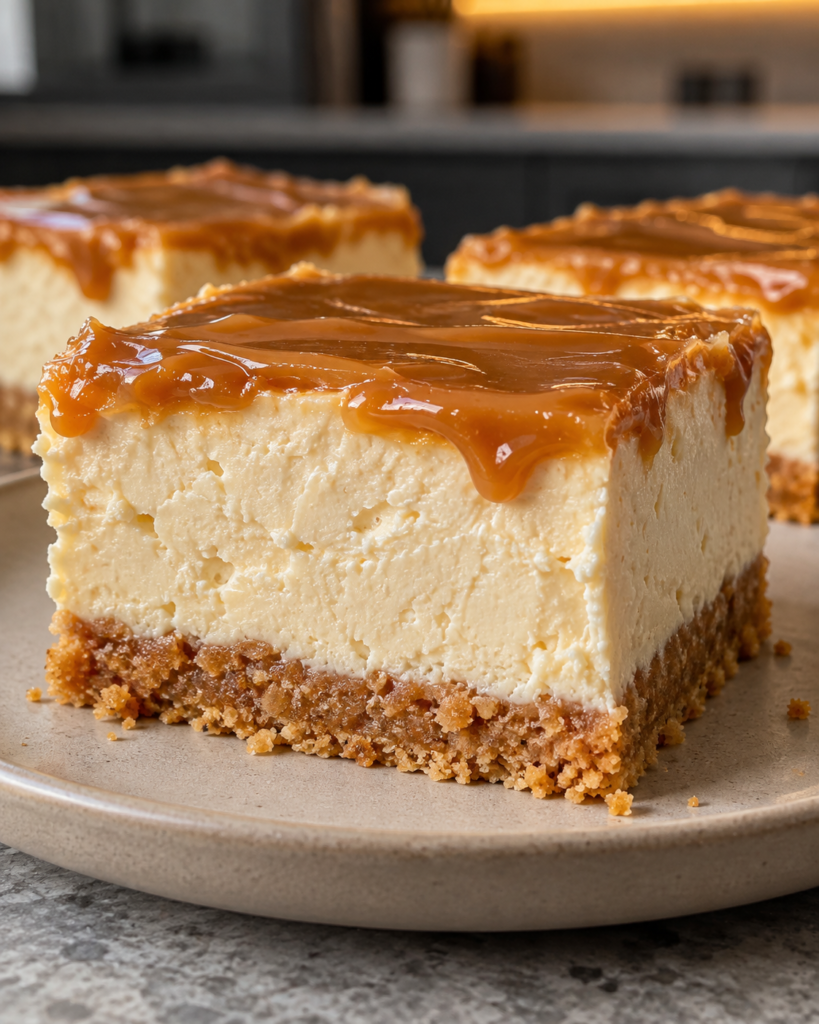 Sugar-free frozen caramel cheesecake bars with a spiced cookie-butter-style crust and a soft allulose caramel top
