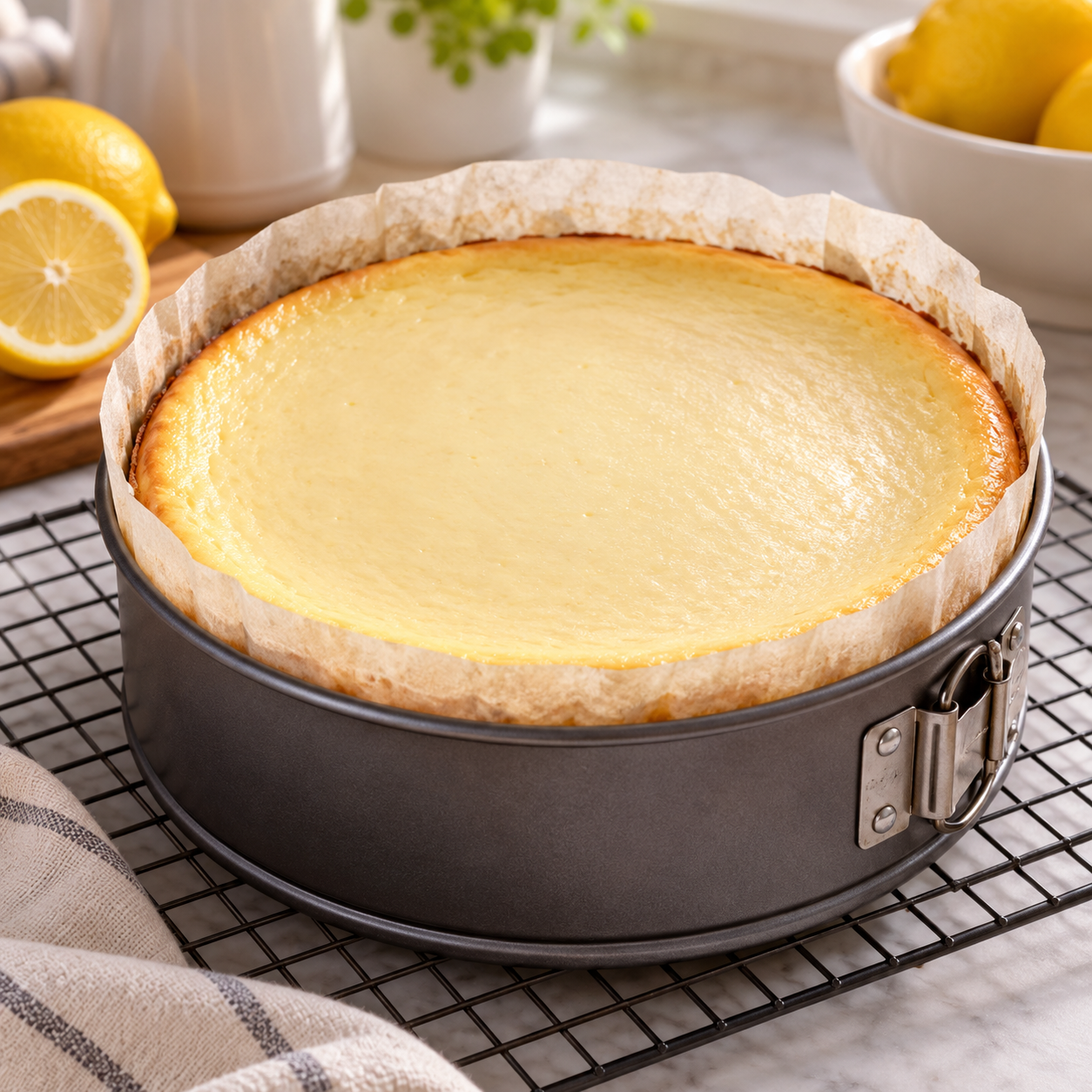 Baked lemon cheesecake cooling before chilling and adding whipped topping