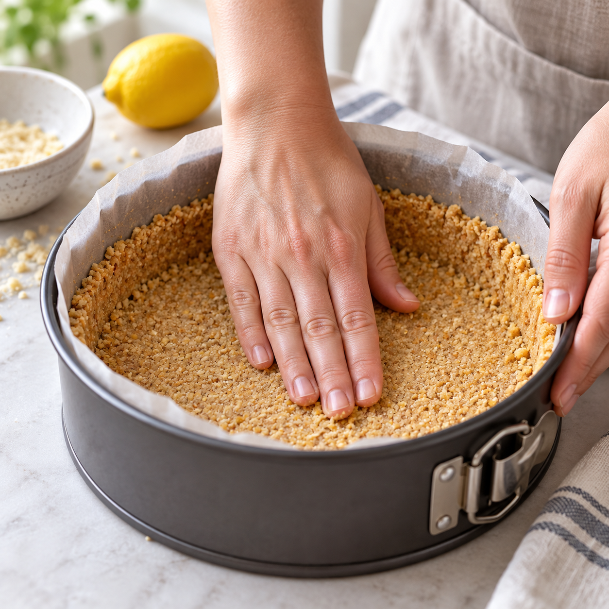 Almond flour crust pressed into a parchment-lined springform pan