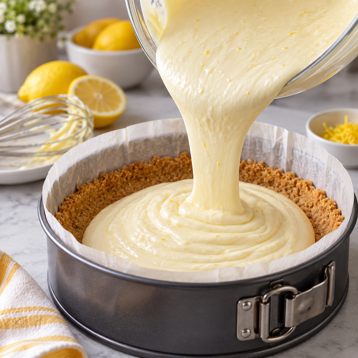 Creamy lemon cheesecake filling being poured over the almond crust