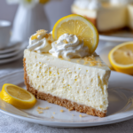 Slice of sugar-free lemon cream cheesecake with whipped cream and fresh lemon