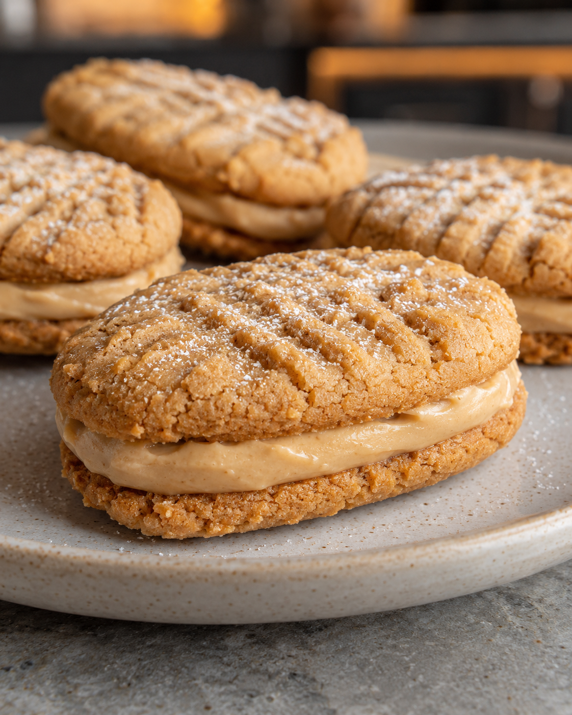 Sugar-free Nutter Butter sandwich cookies with thick peanut butter filling, fork marks, and coarse sugar