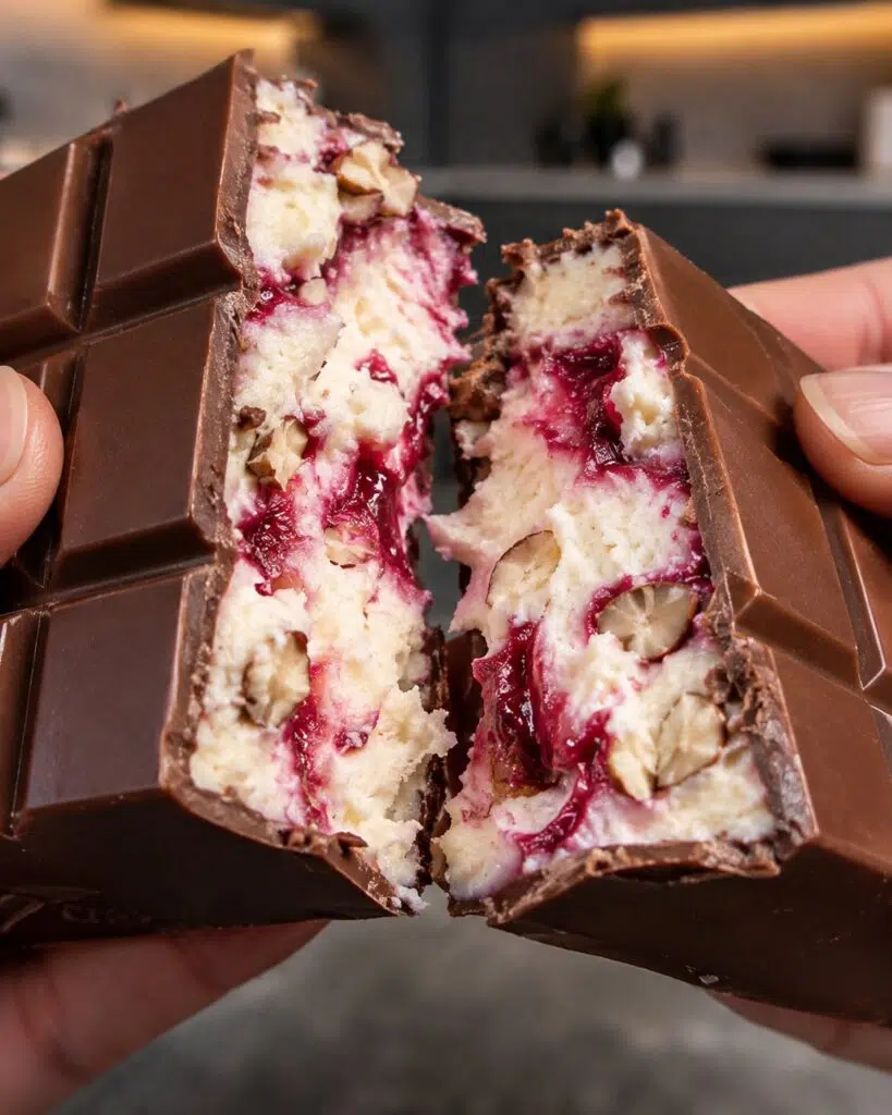Sugar-free raspberry cheesecake chocolate bar broken open to show creamy filling and almond pieces