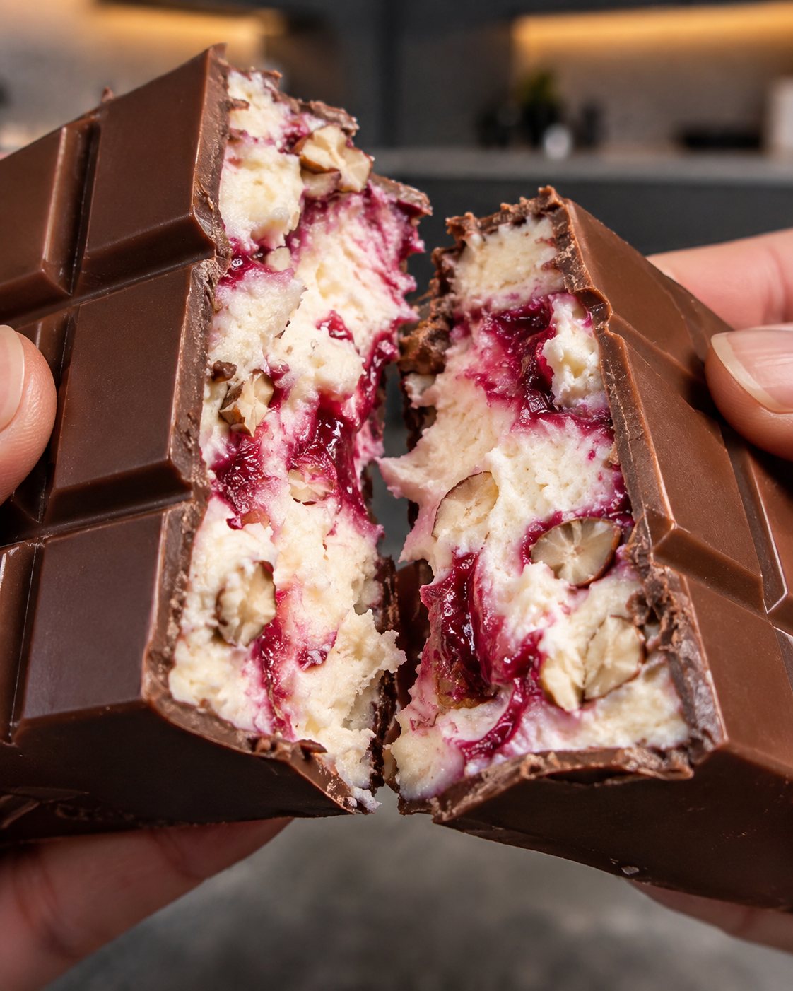 Sugar-free raspberry cheesecake chocolate bar broken open to show creamy filling and almond pieces
