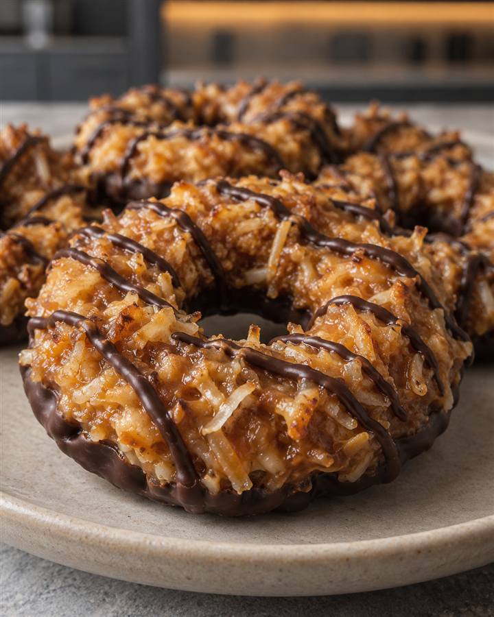 Sugar-free Samoa cookie with toasted coconut caramel and dark chocolate drizzle