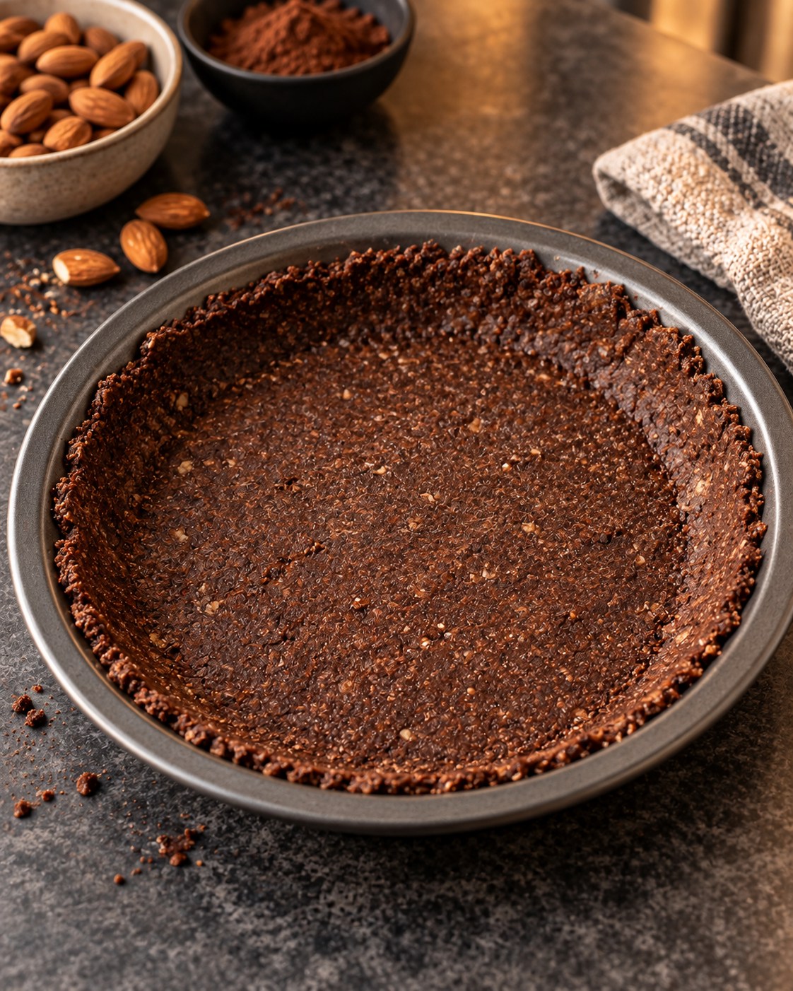 Thin chocolate almond flour crust pressed into a metal pie pan