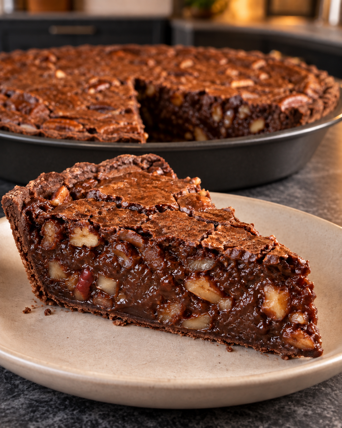 Slice of Sugar-Free Tar Heel Pie with fudgy chocolate pecan filling in a thin dark crust