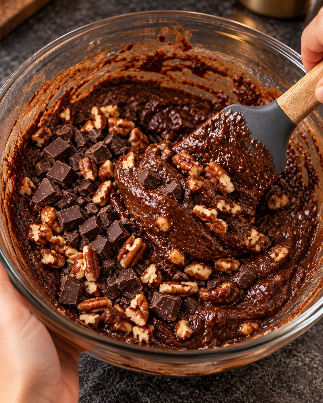 Glossy chocolate pecan filling being mixed for Sugar-Free Tar Heel Pie