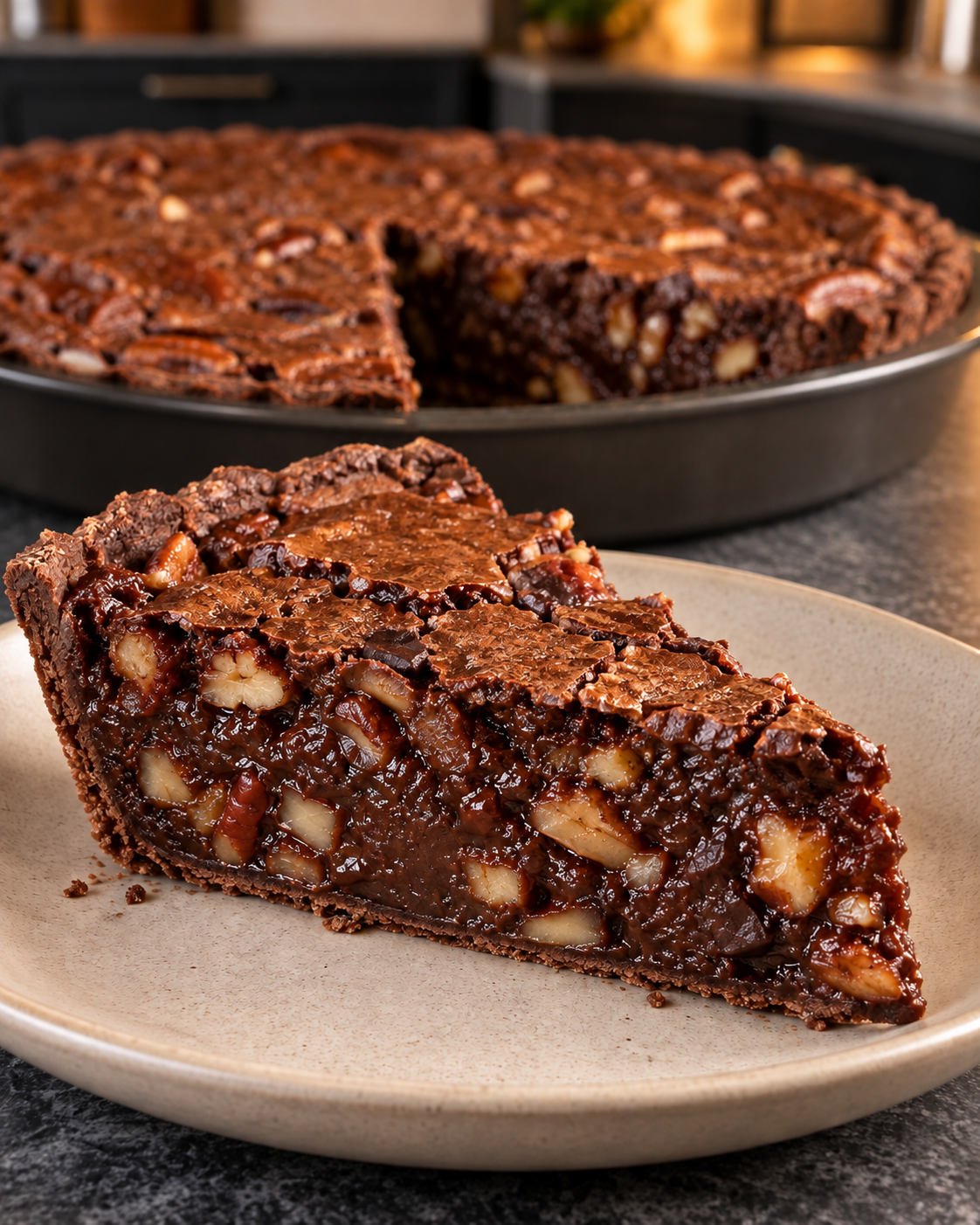 Slice of chilled Sugar-Free Tar Heel Pie with a fudgy chocolate pecan center