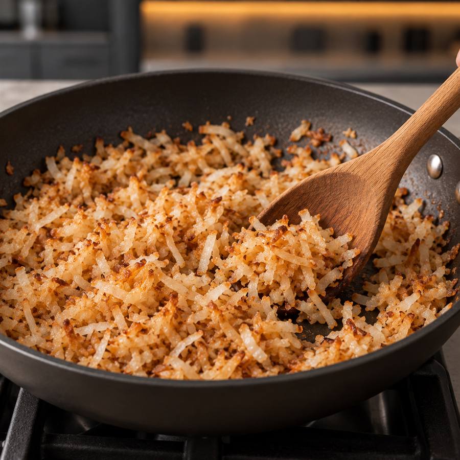 Unsweetened shredded coconut being toasted in a nonstick skillet for sugar-free Samoa cookies