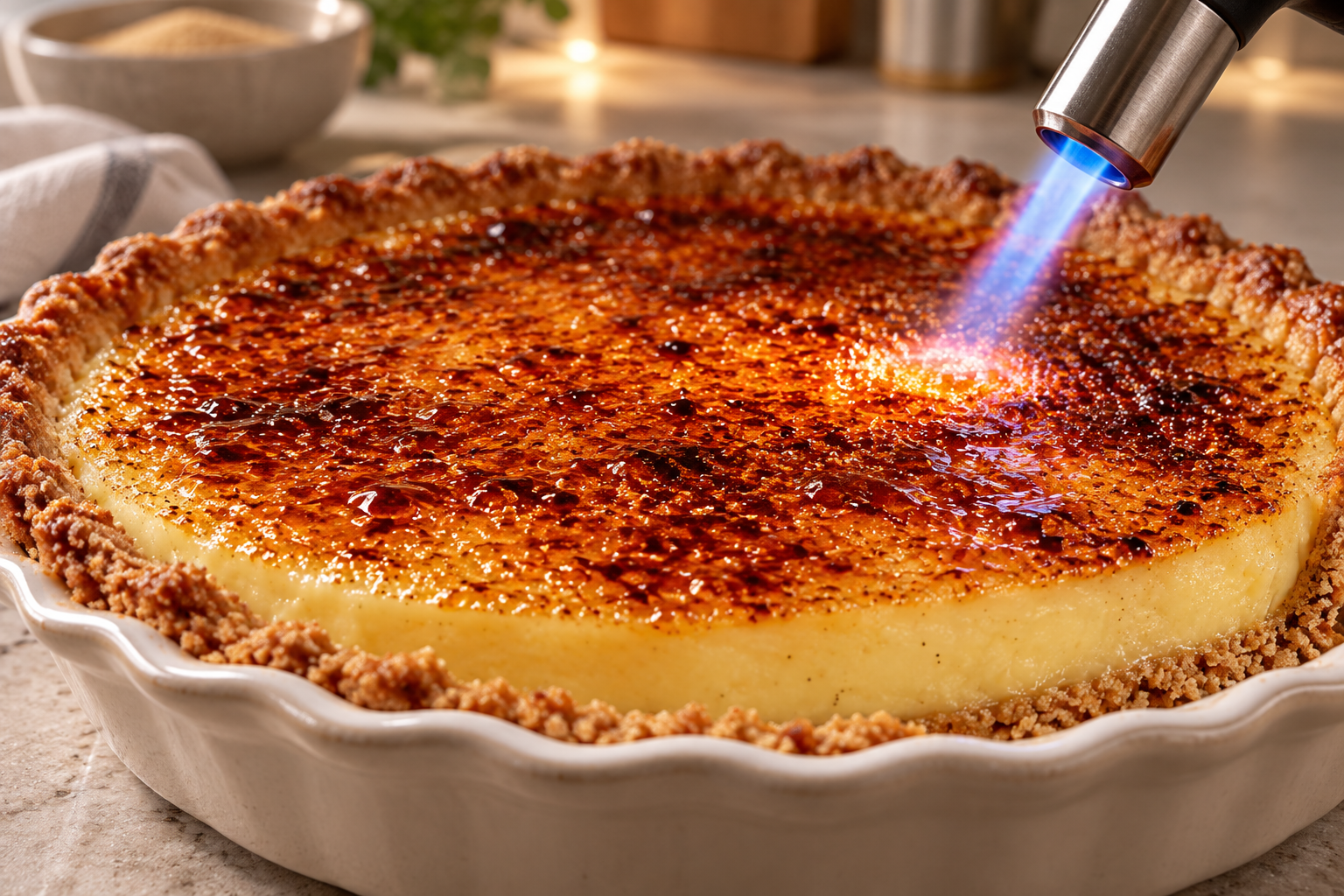 Torch caramelizing the allulose topping on a sugar-free custard pie