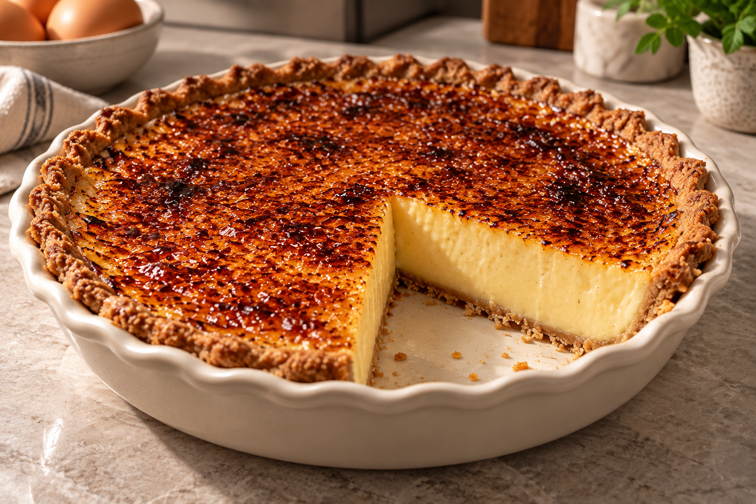 Whole sugar-free crème brûlée custard pie with one slice removed