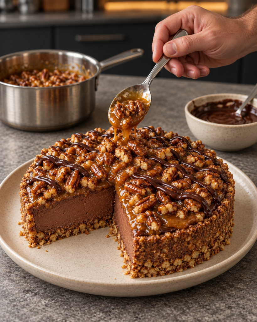 Sugar-free no-bake turtle pie topped with amber caramel pecans and a thin chocolate drizzle