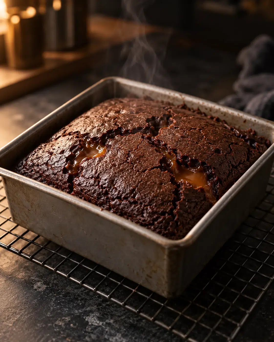 Sugar-free chocolate caramel cake bars baked in a square metal pan on a cooling rack