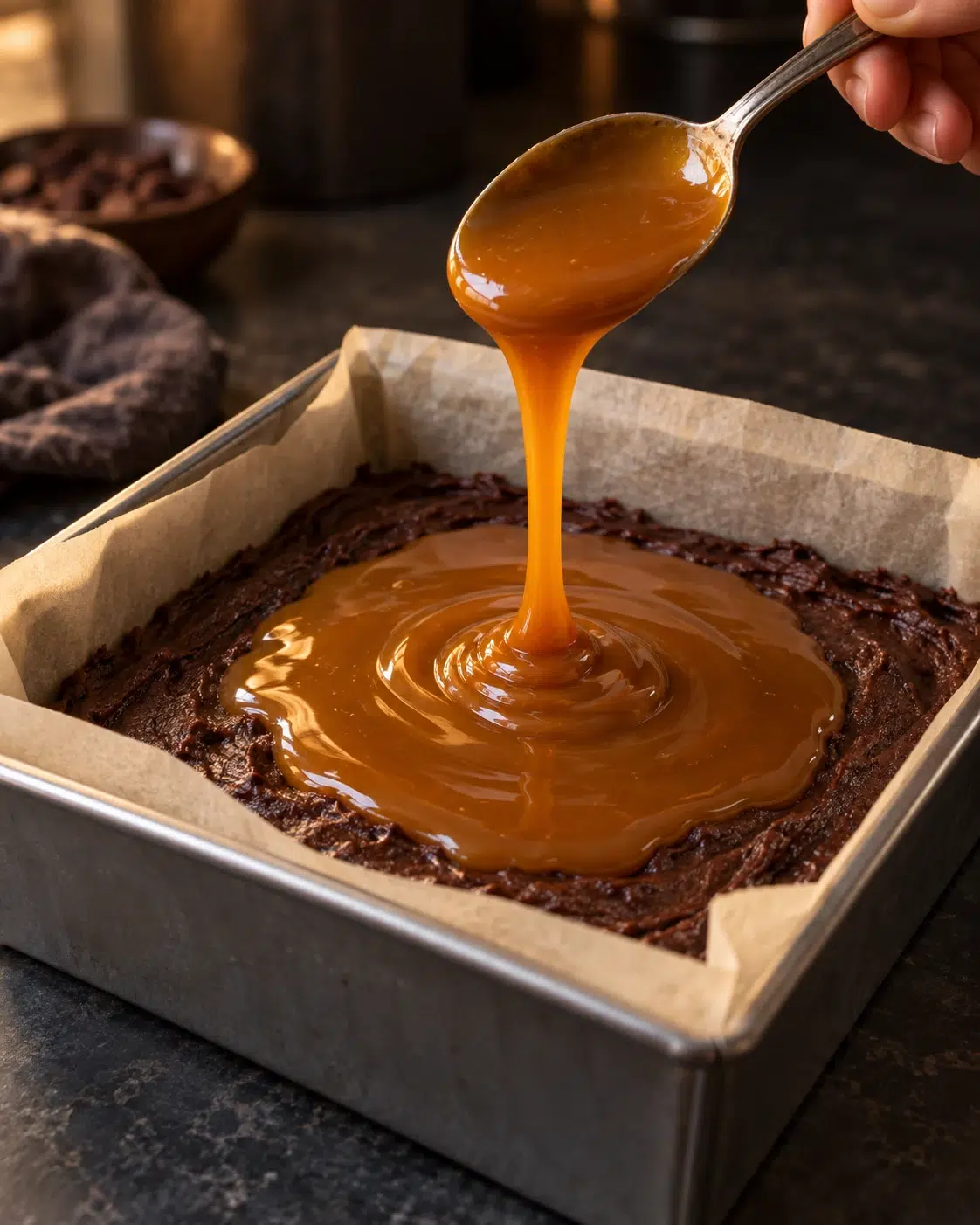 Glossy caramel spooned into the center of a chocolate cake layer in a parchment-lined pan