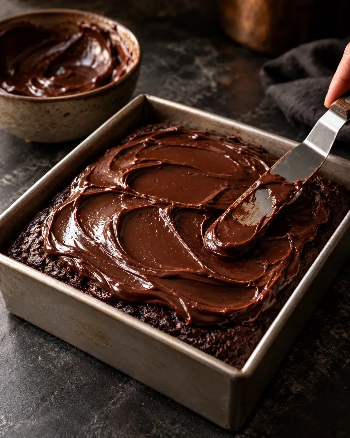 Hand spreading glossy melted chocolate fudge topping over the baked cake in a square pan