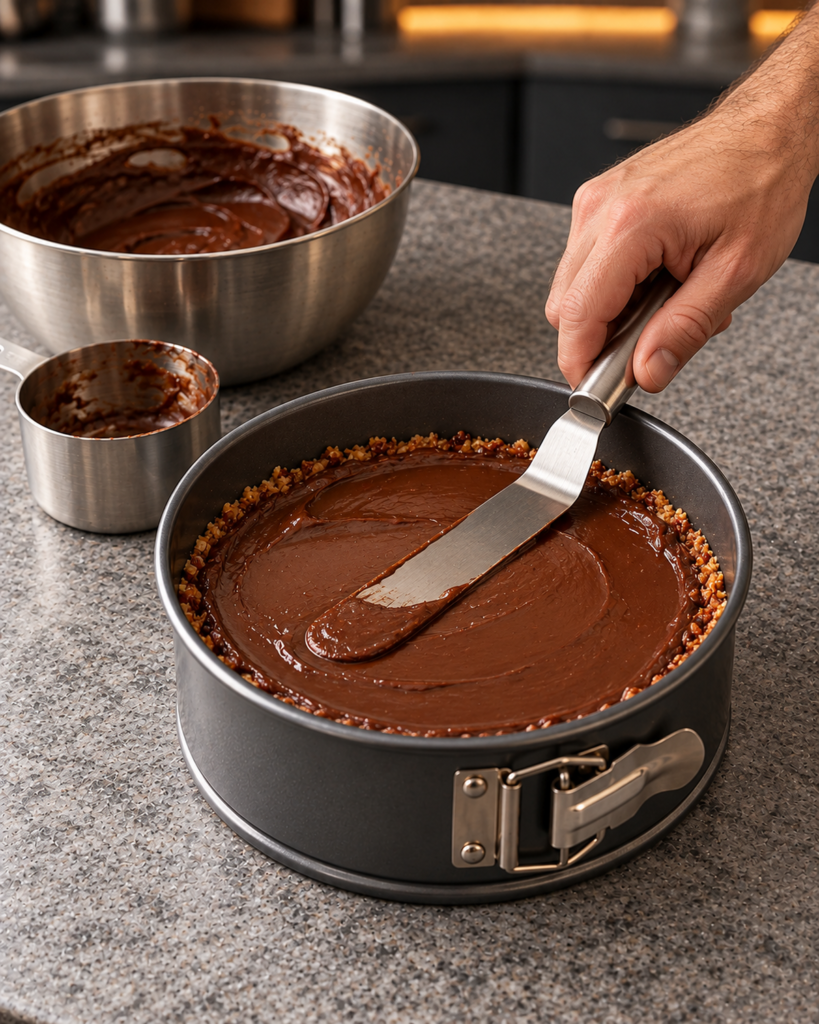 Offset spatula smoothing the glossy chocolate filling over the chilled pecan crust