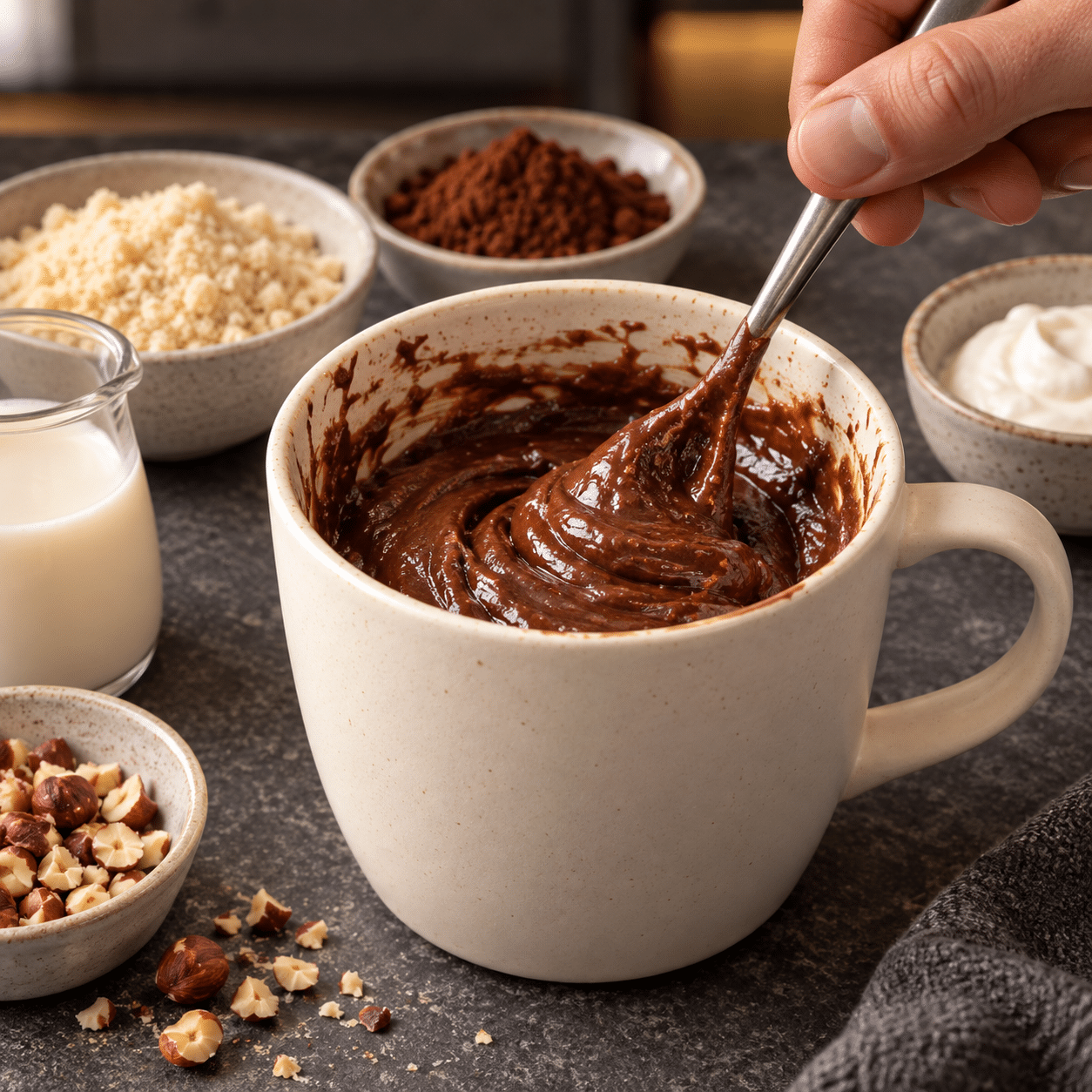 Male hand mixing sugar-free chocolate mug cake batter in a cream ceramic mug