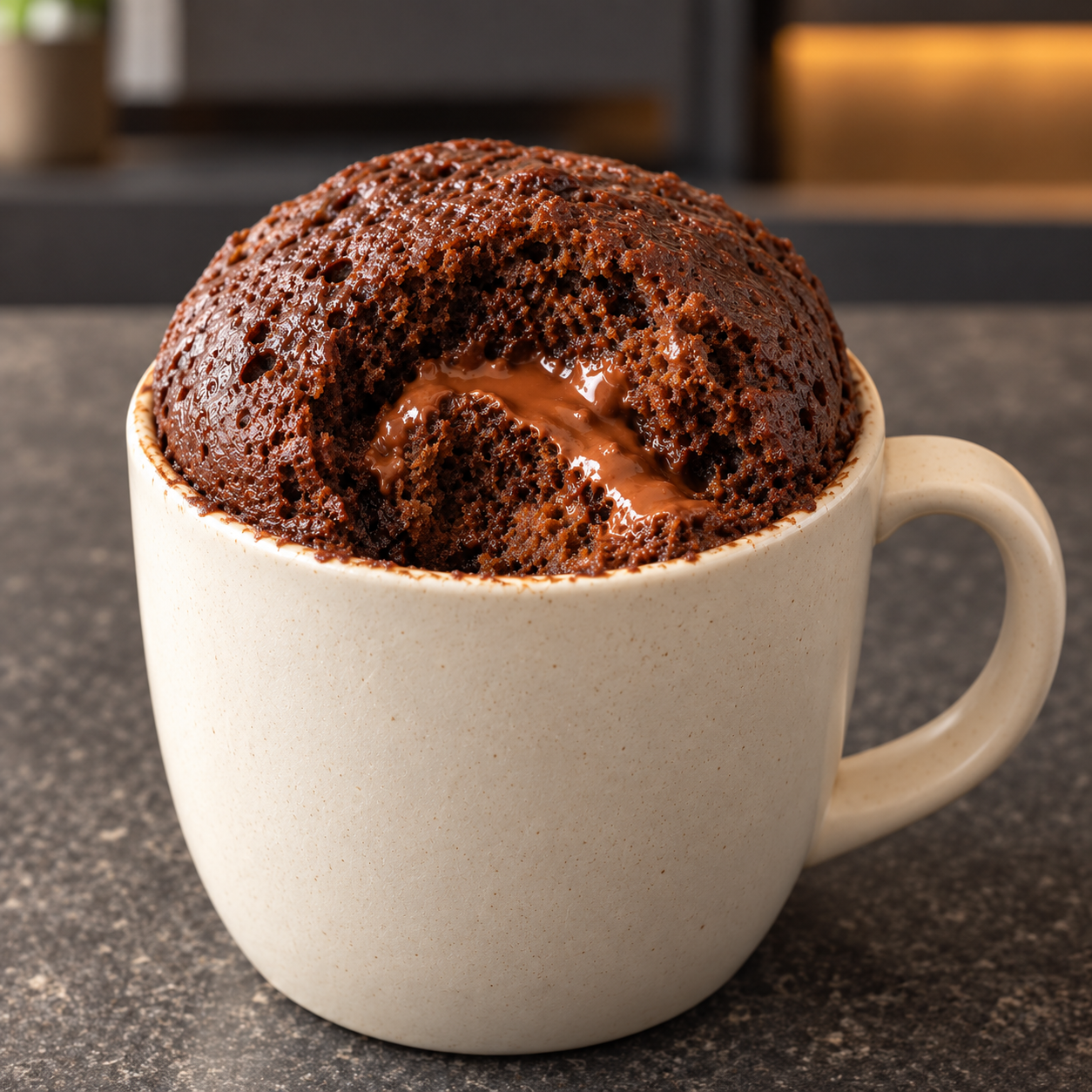 Freshly microwaved sugar-free chocolate hazelnut mug cake with a molten center