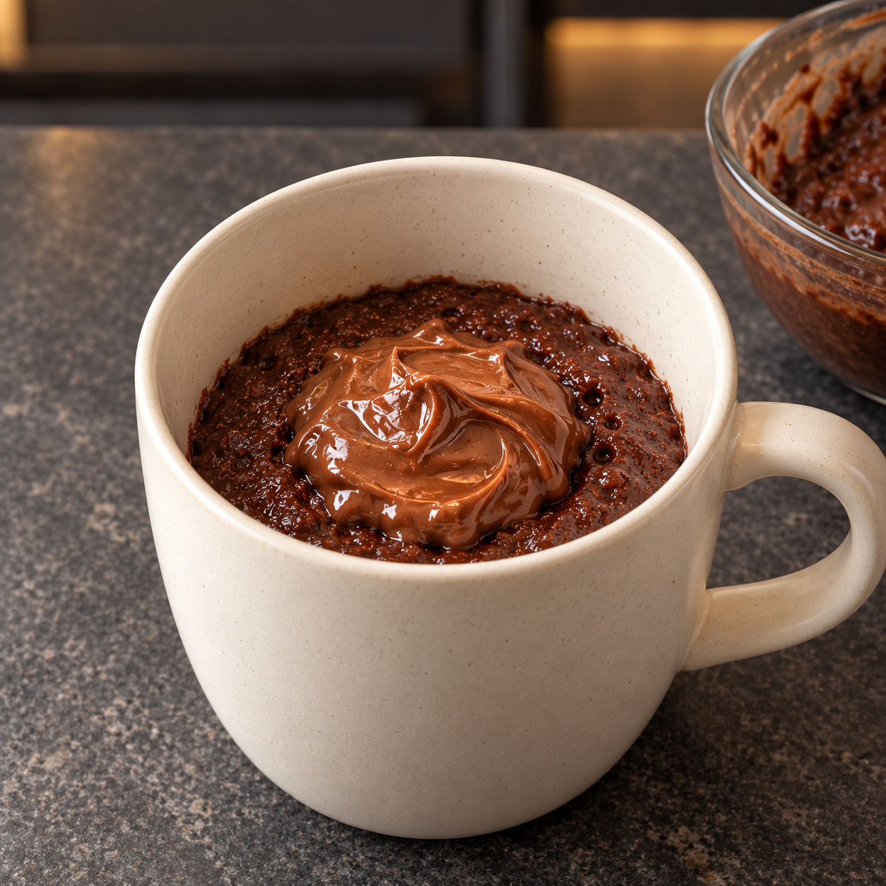 Sugar-free chocolate hazelnut spread centered in chocolate mug cake batter