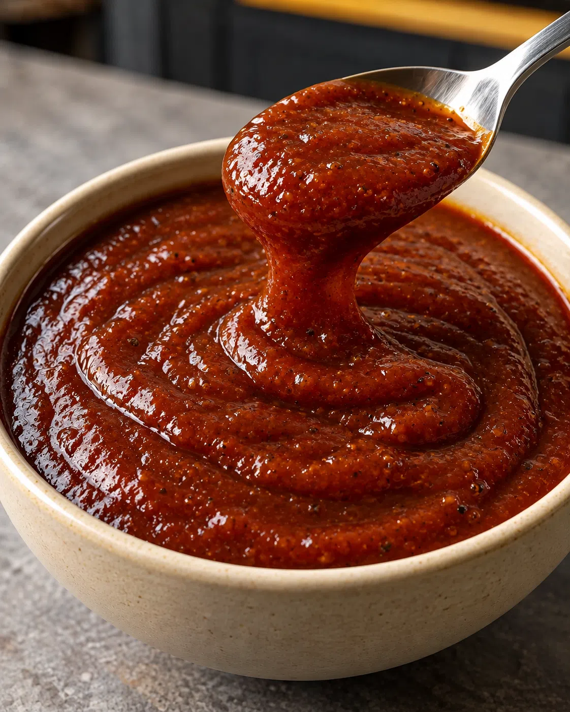 Thick glossy barbecue sauce clinging to a spoon above a beige bowl