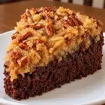 Slice of sugar-free German chocolate upside down cake with gooey coconut pecan caramel on a white plate