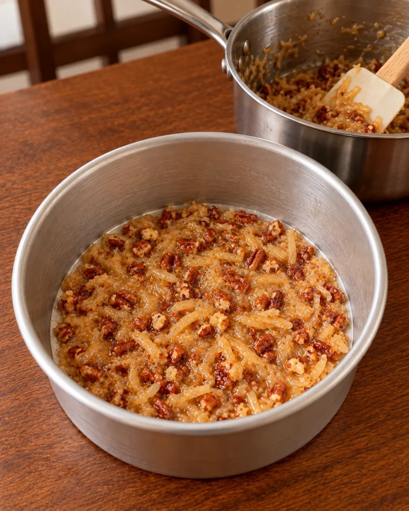 Coconut-pecan caramel spread in the bottom of a round cake pan