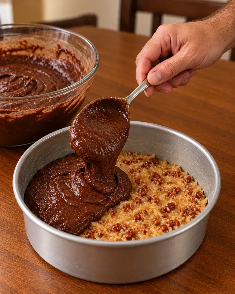 Chocolate cake batter spooned over coconut-pecan caramel in the pan