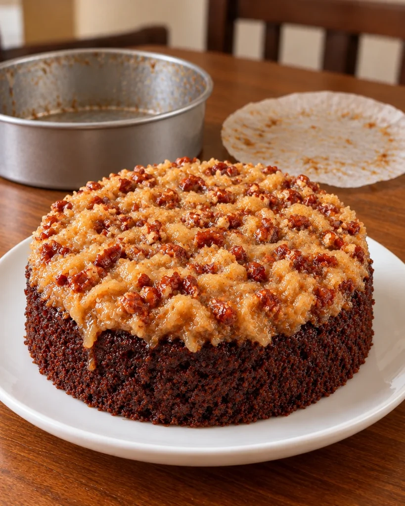 Whole German chocolate upside down cake inverted on a white plate