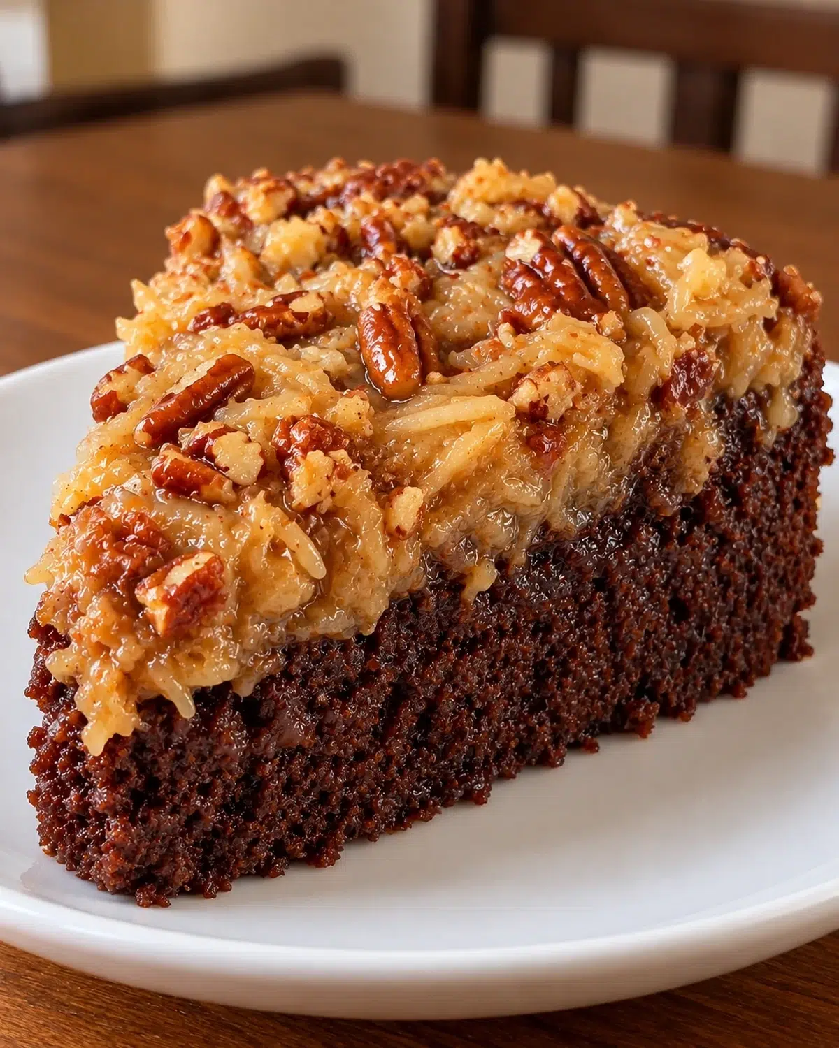 Slice of sugar-free German chocolate upside down cake with gooey coconut pecan caramel on a white plate