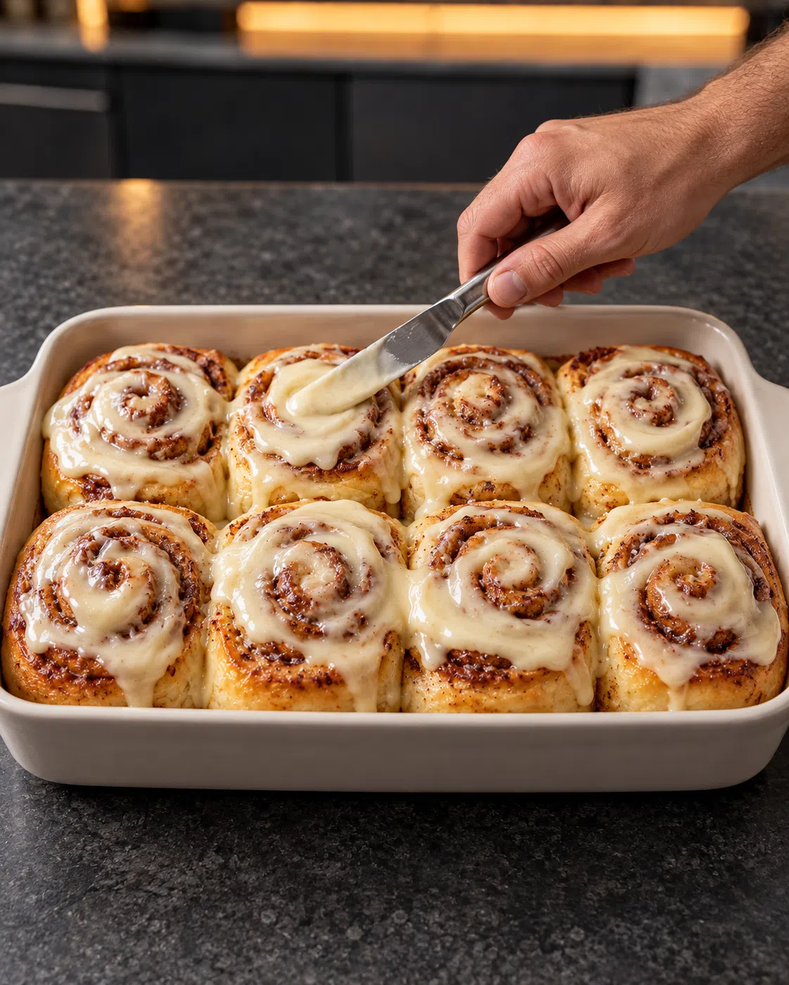 Cream cheese icing spread over warm baked sugar-free cinnamon rolls in a square pan