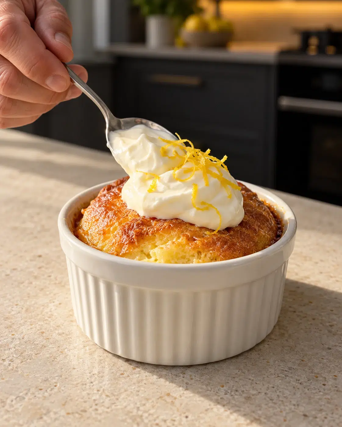 Hand spooning cream cheese topping with lemon zest onto a baked pudding cake