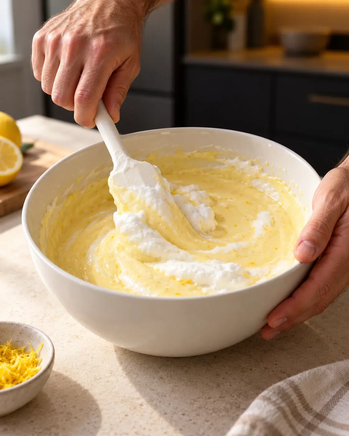 Man folding whipped egg whites into pale yellow lemon batter in a white bowl
