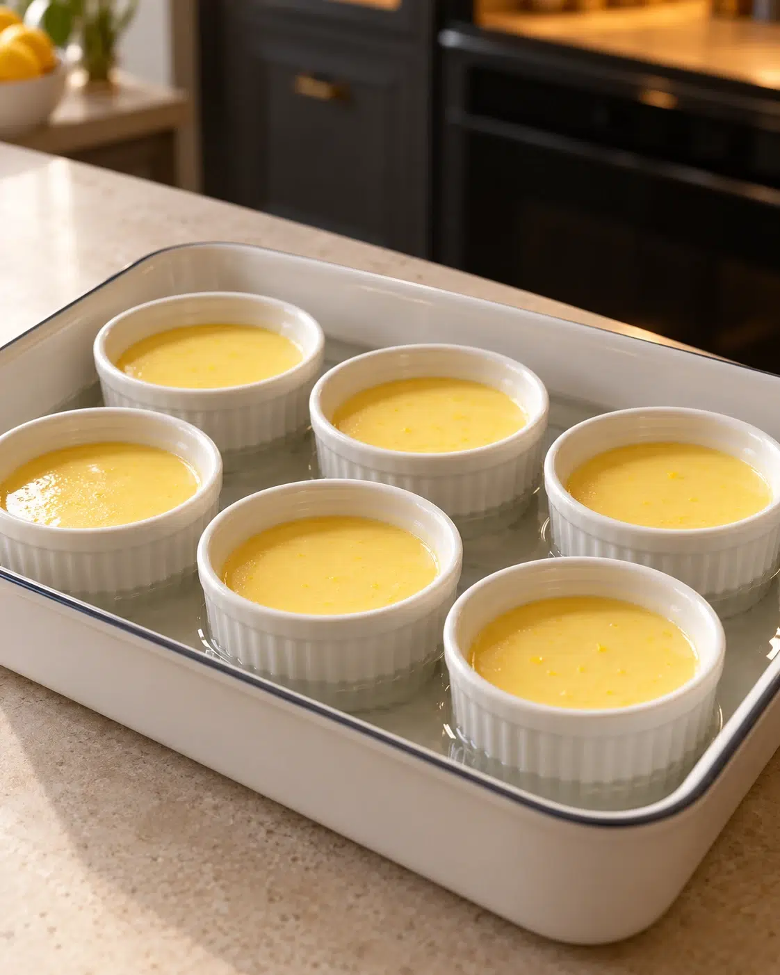 Six white ramekins of lemon pudding batter sitting in a hot water bath