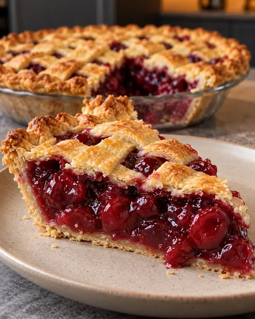 Sugar-free cherry lattice pie with golden woven crust and glossy red cherry filling