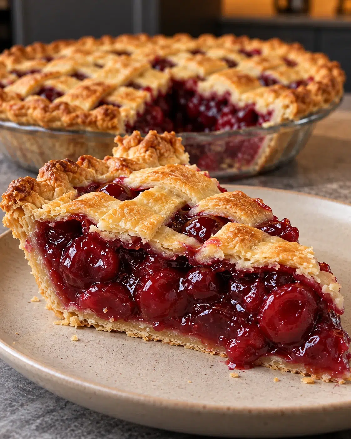 Sugar-free cherry lattice pie with golden woven crust and glossy red cherry filling