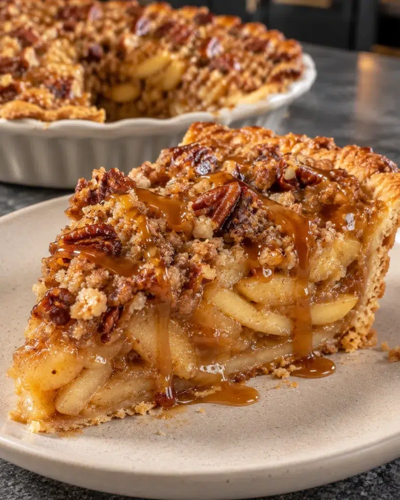 Sugar-free Dutch apple pie slice with pecan streusel topping and caramel drizzle on a plate