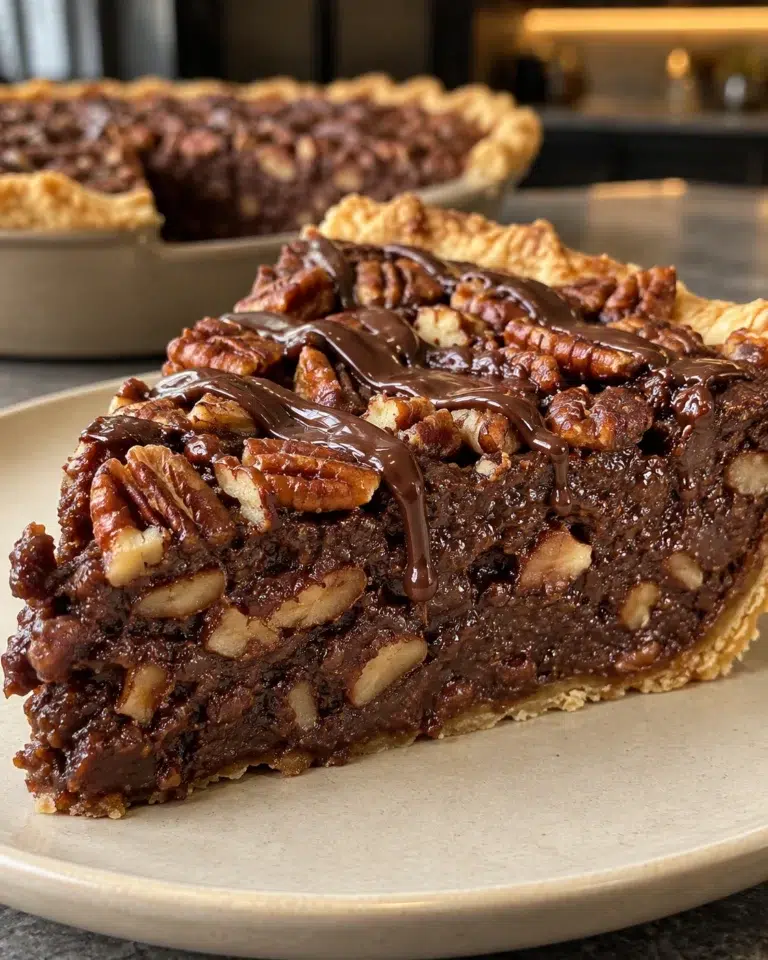 Sugar-free chocolate pecan pie slice with dense fudgy cocoa filling, chopped pecans and dark chocolate drizzle on a cream plate