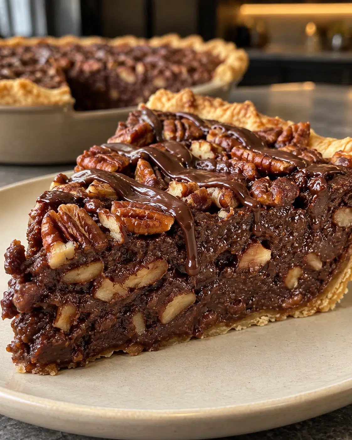 Sugar-free chocolate pecan pie slice with dense fudgy cocoa filling, chopped pecans and dark chocolate drizzle on a cream plate